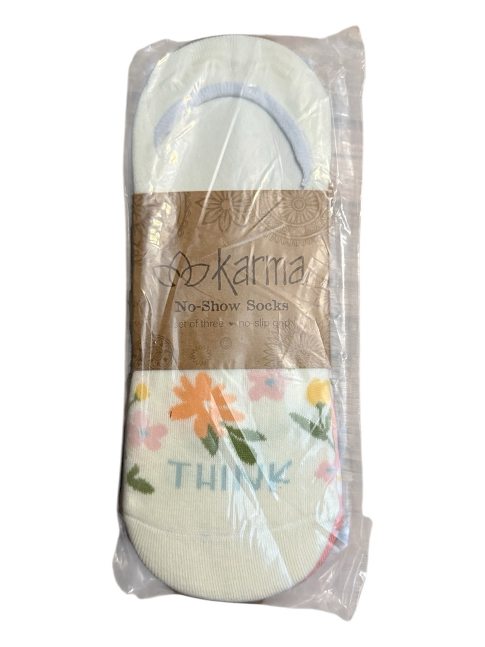 Karma No-Show Socks with Pastel Floral 'THINK' Accent